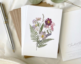 Natural Flower bouquet Pressed Flower Note Cards, Set of 6,  Digitally Printed Botanical Card Set