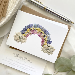 Fleurs pressées arc-en-ciel et nuages, cartes de correspondance, lot de 6, jeu de cartes botaniques imprimées numériquement