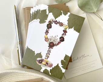 Wine Glass Pressed Flower, Blank Note Cards, Set of 6, Digitally Printed Botanical Card Set