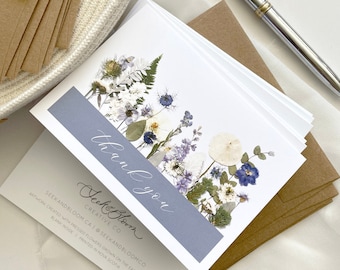 Blue Pressed Flower Garden, Thank You Cards, Set of 6, Digitally Printed Botanical Card Set