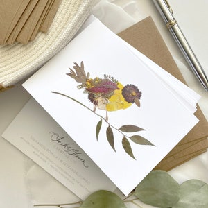 Fleurs pressées Oiseau jaune, cartes de correspondance, lot de 6, jeu de cartes botaniques imprimées numériquement