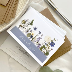 Blue Pressed Flower Garden, Thank You Cards, Set of 6, Digitally Printed Botanical Card Set