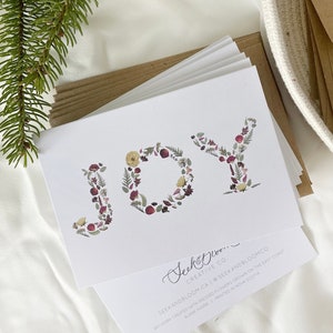 Holiday Note Cards, Set of 6, Joy, pretty floral Christmas, Botanical Letters Christmas Cards, printed note card set image 1