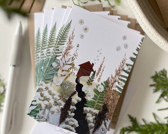 Holiday Note Cards, Set of 6, Nature Cabin, cute floral Winter Cards, Digitally printed blank note card set