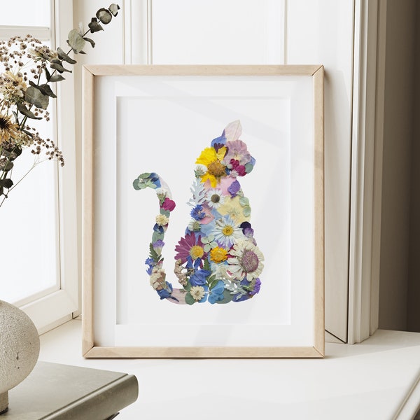 Oeuvre d'art de chat faite avec des fleurs pressées, impression de reproduction numérique 8 x 10