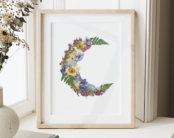Moon Artwork made with Pressed flowers, Crescent Moon with blue & pink flowers and greenery, 8x10 digital reproduction print