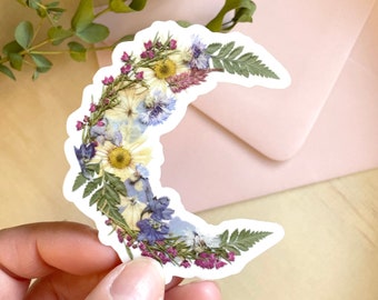 Crescent Moon, Pressed Flower Sticker, 3 inch