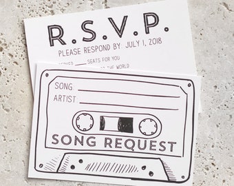 50 - Printed Cassette Tape Song Request RSVP Cards, customized with your wedding RSVP date
