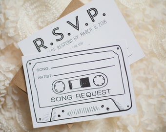 50 - Printed Cassette Tape Song Request RSVP Cards, customized with your wedding RSVP date