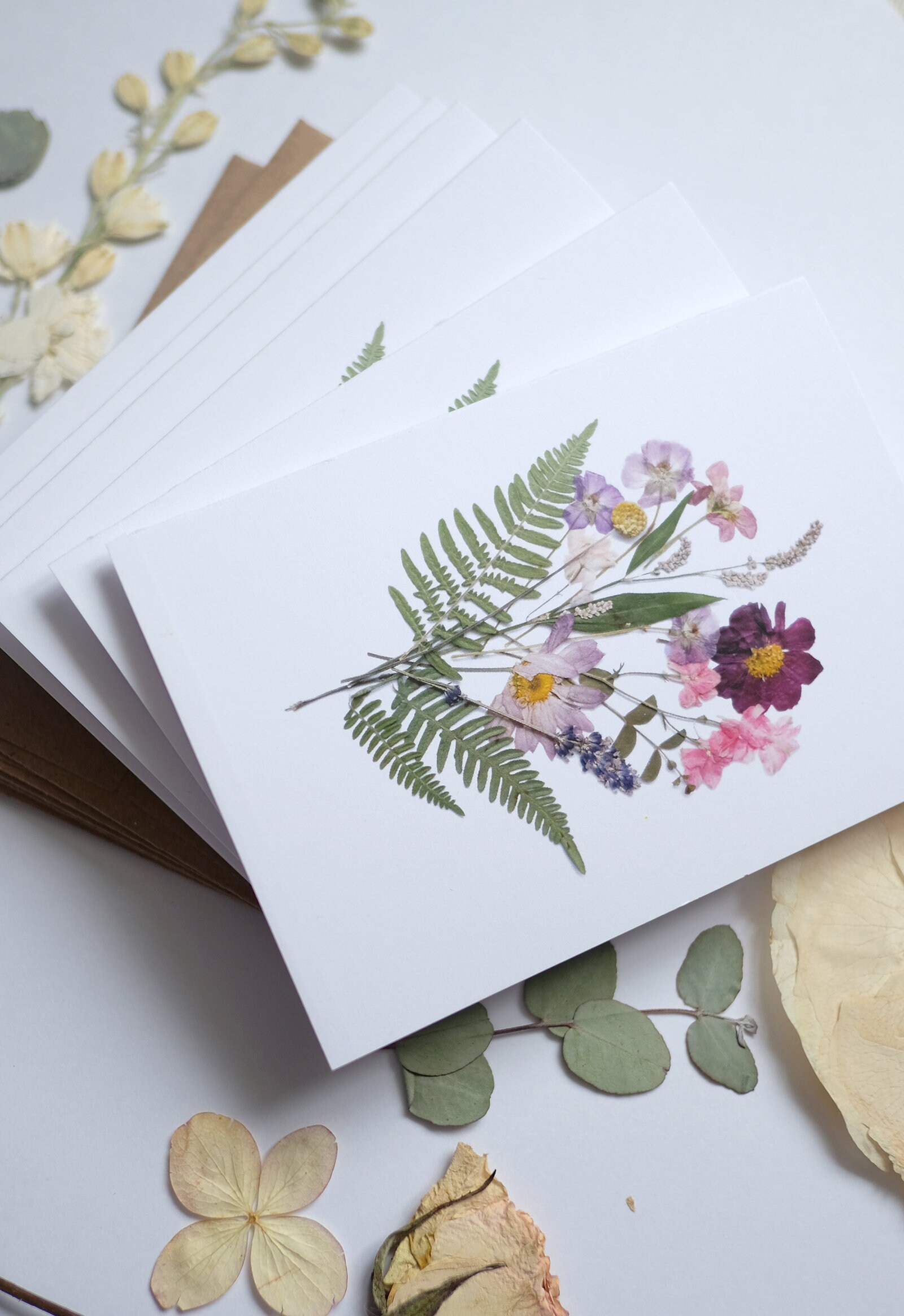 Set of 6 Natural Flower bouquet Pressed Flower Note Cards Etsy