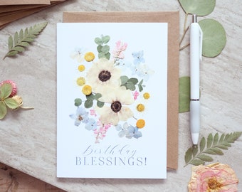 Birthday Blessings, Anemone Pressed Flower, Greeting Card,  Digitally Printed Botanical Card