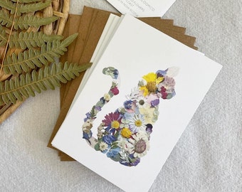 Cat Pressed Flower, Blank Note Cards, Set of 6, Digitally Printed Botanical Card Set