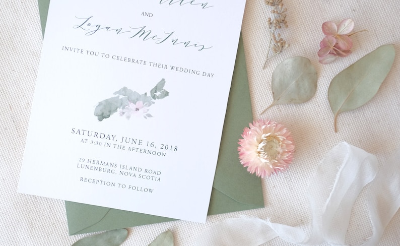 Hand painted watercolour map design with flowers 25 Nova Scotia Wedding Invitation