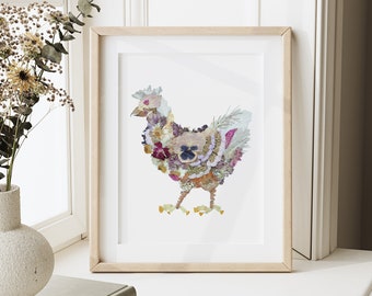 Chicken Art made with Pressed Flowers, 8x10 digital reproduction print
