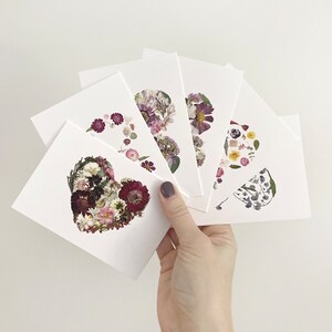 Note Cards, Mix Pack of 6, Pressed Flower Hearts, Digitally Printed Botanical Card Set