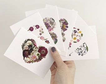 Note Cards, Mix Pack of 6, Pressed Flower Hearts, Digitally Printed Botanical Card Set