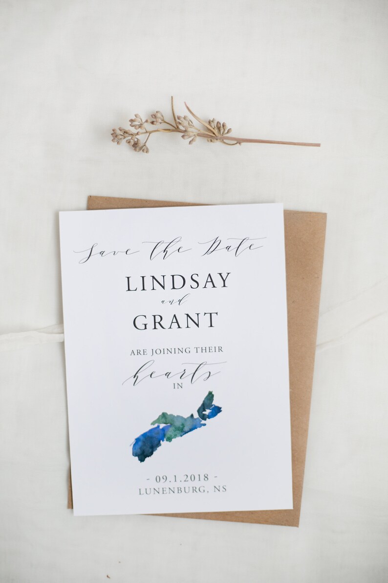 Hand painted watercolour map design with flowers 25 Nova Scotia Wedding Invitation