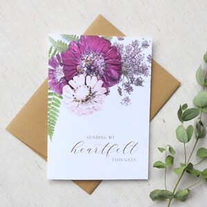 Heartfelt Thoughts, Sympathy Pressed Flower Greeting Card, Digitally Printed Botanical Card image 3