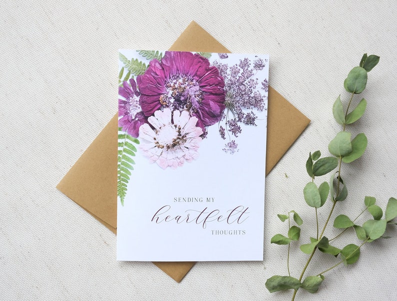 Heartfelt Thoughts, Sympathy Pressed Flower Greeting Card, Digitally Printed Botanical Card image 3