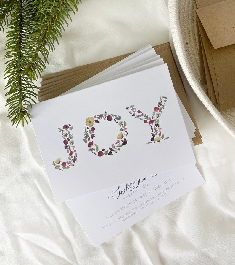 Holiday Note Cards, Set of 6, Joy, pretty floral Christmas, Botanical Letters Christmas Cards, printed note card set image 1