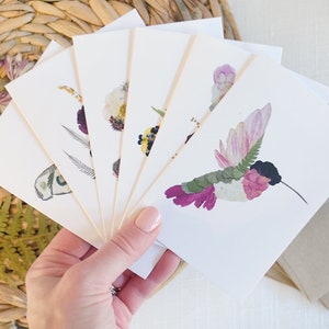 Garden Pollinator Friends Note Card Set, Mix Pack of 6, Small Everyday Greeting Cards, Digitally Printed Botanical Card Set