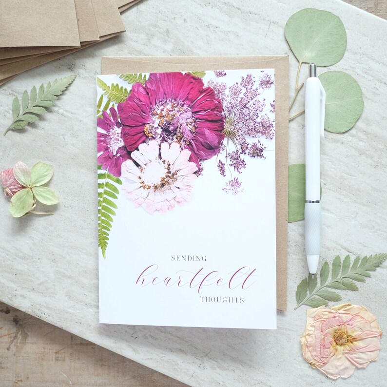 Heartfelt Thoughts, Sympathy Pressed Flower Greeting Card, Digitally Printed Botanical Card image 1