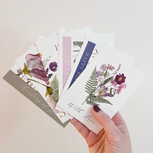 Cartes de correspondance avec fleurs pressées, lot de 6, petit jeu de cartes de voeux, jeu de cartes botaniques imprimées numériquement