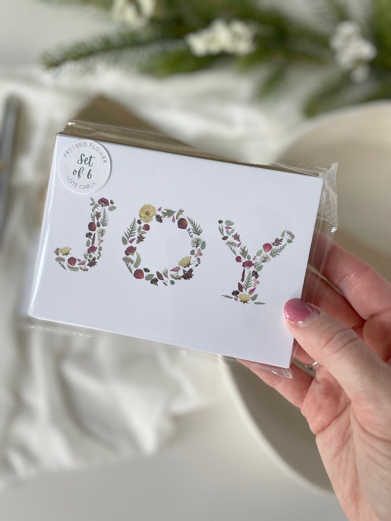 Holiday Note Cards, Set of 6, Joy, pretty floral Christmas, Botanical Letters Christmas Cards, printed note card set image 3