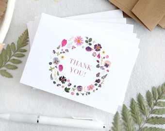 Pretty Floral Wreath Thank You Cards, Set of 6, Digitally Printed Botanical Card Set