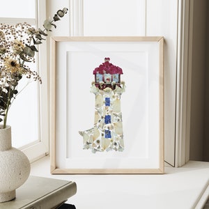 Lighthouse Peggy's Cove NS Art made with Pressed flowers, 8x10 digital reproduction print