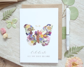 Celebrate All You Have Become, Butterfly, Pressed flowers Birthday Celebration Card, Digitally Printed Botanical Card