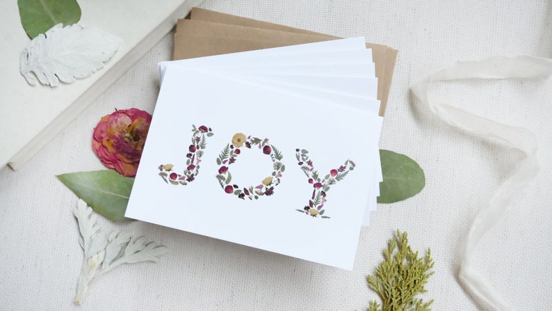 Holiday Note Cards, Set of 6, Joy, pretty floral Christmas, Botanical Letters Christmas Cards, printed note card set image 4