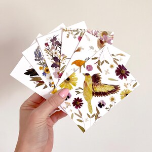 Juego de tarjetas con pájaros en flor, paquete de 6, tarjetas de felicitación pequeñas para uso diario, con impresión botánica digital.