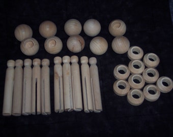 Clothespin doll pins,dowel cap heads  & stands,10 sets,3.75 inch long,unfinished hardwood,craft pins,doll clothes