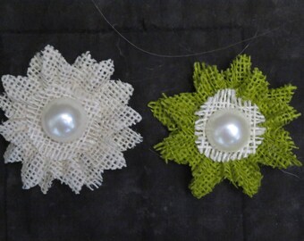 Burlap flower heads w pearl centers,4/pkg,Ivory or green,hat flowers,crafting,hair crafts,jewelry,sewing,embellishment