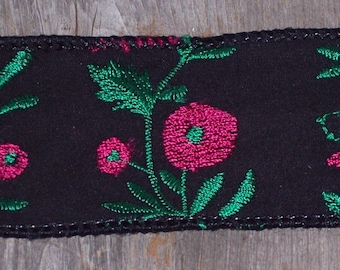 Wired Fabric ribbon,black with floral pattern, 2 inch wide,machine embroidered,30 ft/roll,poly/cotton blend