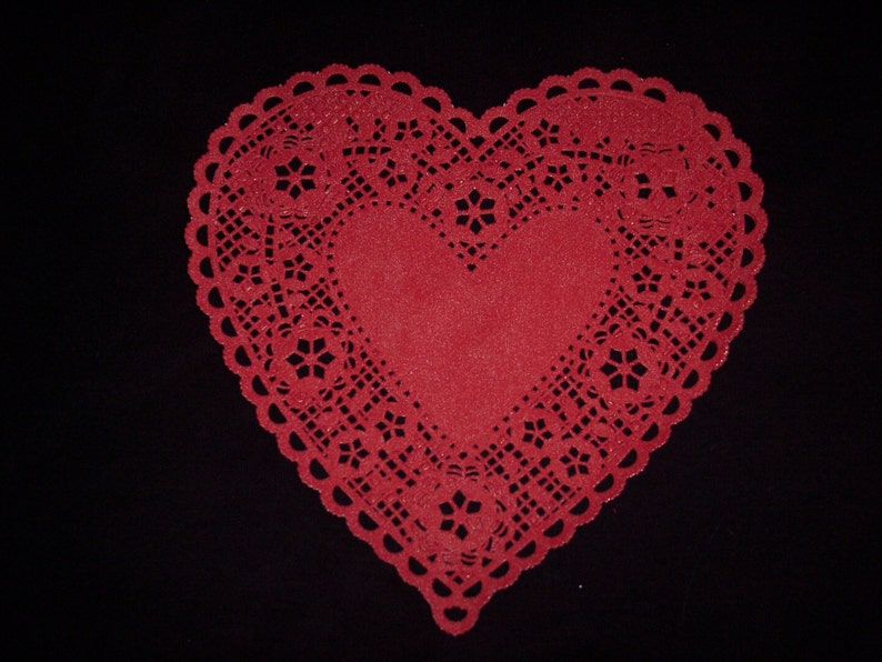 red heart doilies,8 inch,Royal Lace,25/pkg,Valentine's day cards,Weddings,bakery display,Mother's Day,kid's art,Made in USA,cardmaking image 1