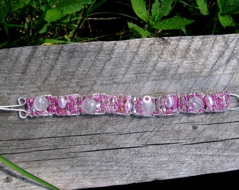 Wire wrapped bracelet handformed with nontarnish silver wire with Rose Quartz Freshwater Pearls Cherry Quartz and Cats Eye