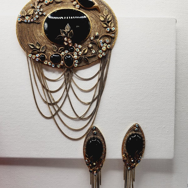 Vintage Marena/Eros German Handmade (Handarbeit) Large Brooch with Clip on Earrings Goldtone Black and Rhinestones