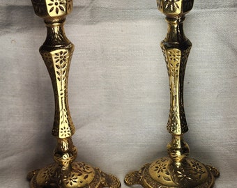 Vintage Wainberg Sabbath Pair of Brass Candlesticks Marked Jerusalem