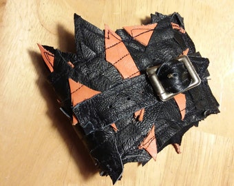 Handmade Punk Rock Orange Black Leather Patchwork Cuff Alt Fashion Gothic Cuff 80s Metal Cuff Leather Bracelet Halloween Cosplay Costume