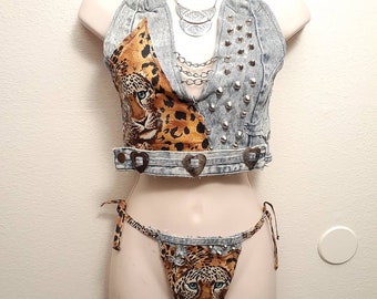 Handmade Upcycled Acid Wash Studded Halter Top + Bikini Thong 2pc Set Diy Punk Rock 80s Style Heavy Metal Vixen Handmade Shirts Tops