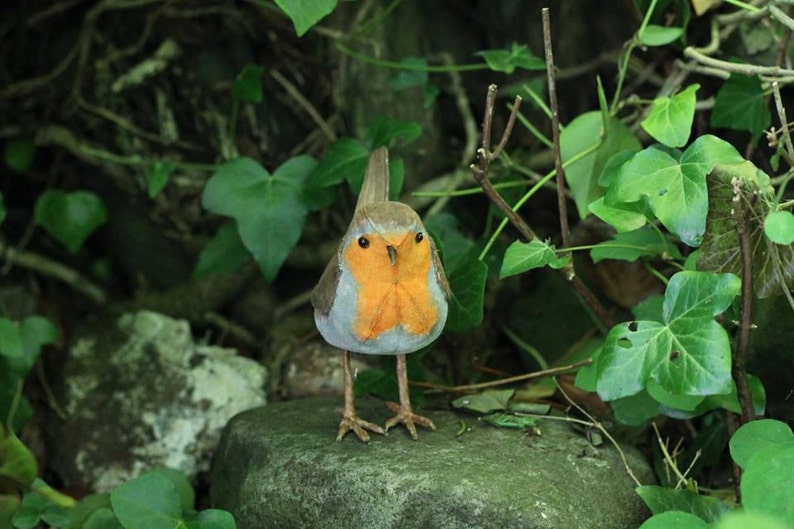 May include: A small, brown and orange bird with a white chest is perched on a rock. The bird is surrounded by green leaves.