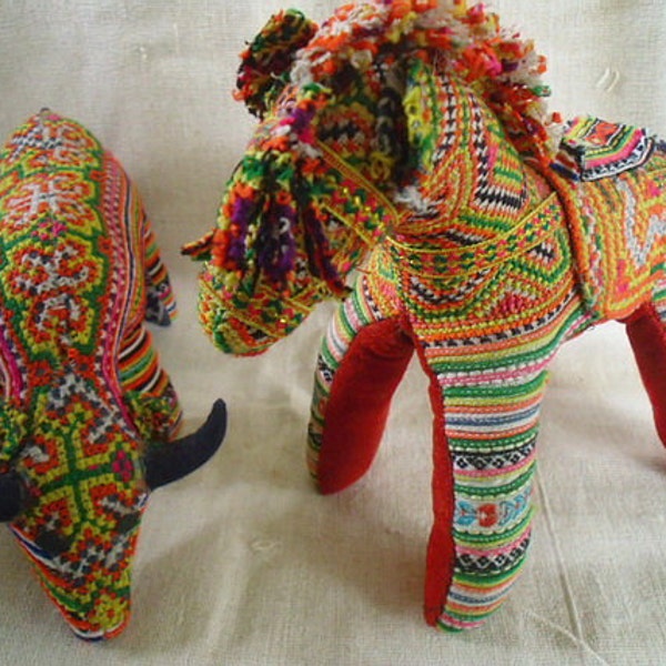 Fabric Animal Toys - Horse and Buffalo - Ethnic - Tribal - Embroidered - Eco Friendly Toys - Bookends