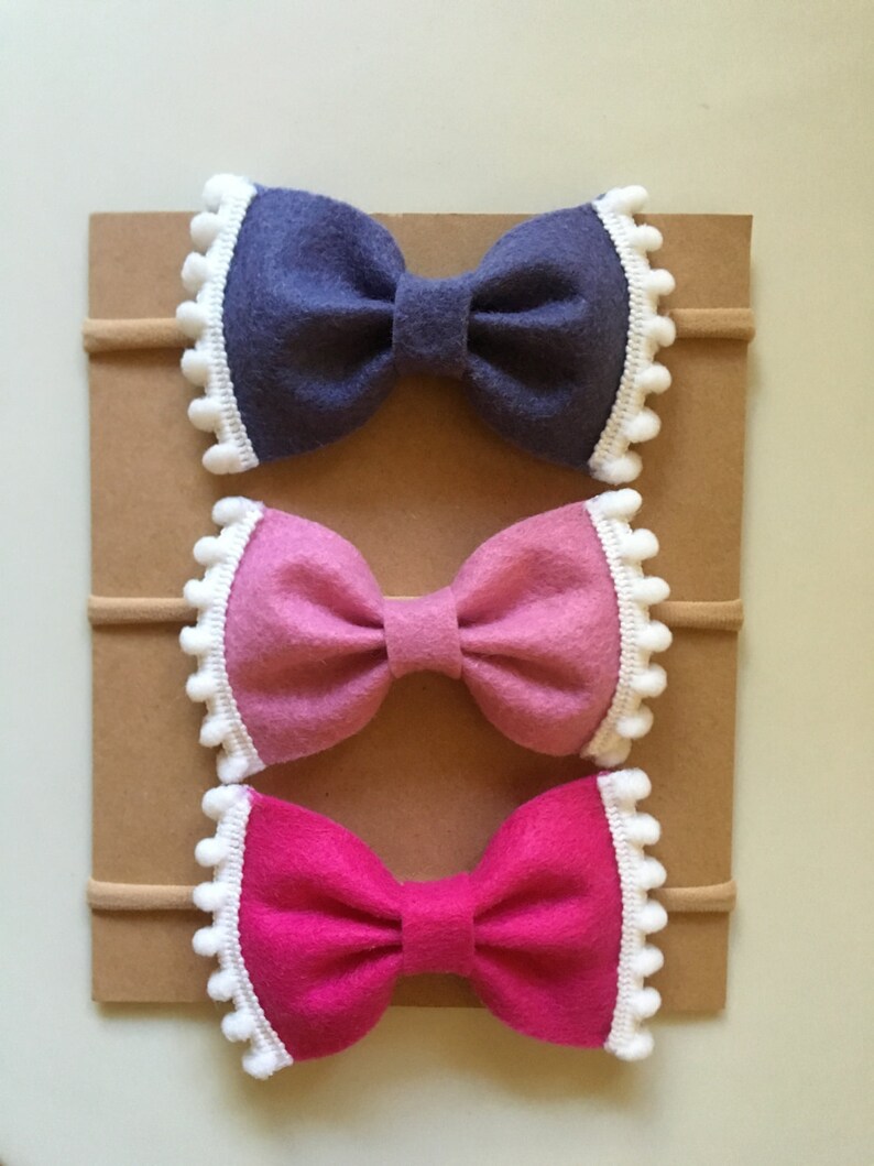 Set of Three Pom Pom Bows // Nylon Headband // Violet Etsy