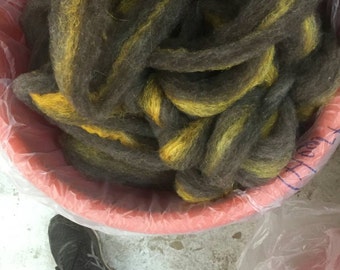 Charcoal gray and gold wool silk roving with bling Heart of Gold