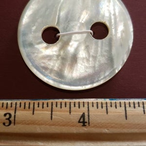 May include: A white mother-of-pearl button with two holes. The button is approximately 1 inch in diameter.
