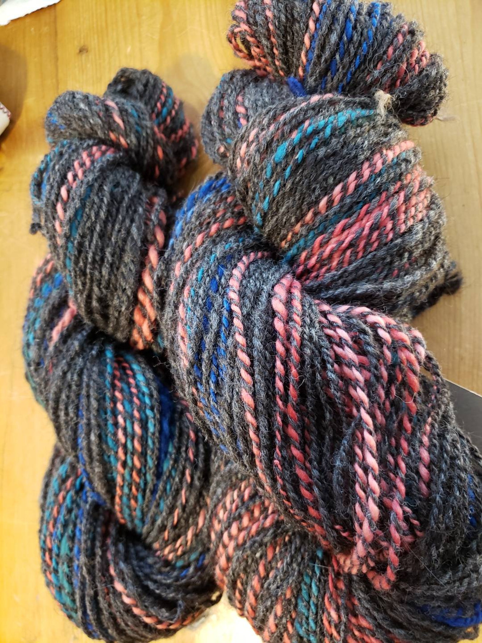 Handspun yarn stained glass yarn charcoal with coral blue Etsy