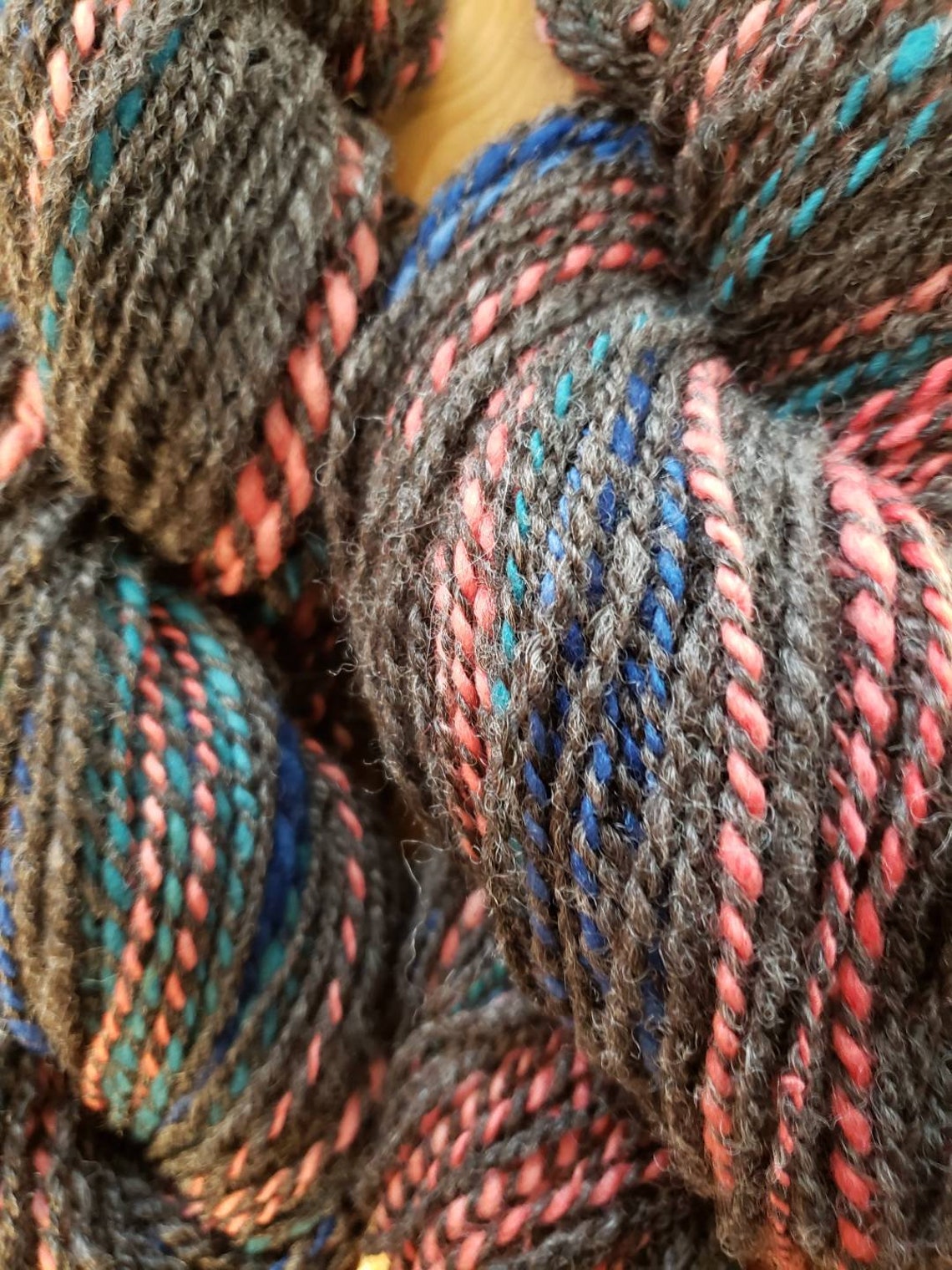 Handspun yarn stained glass yarn charcoal with coral blue Etsy