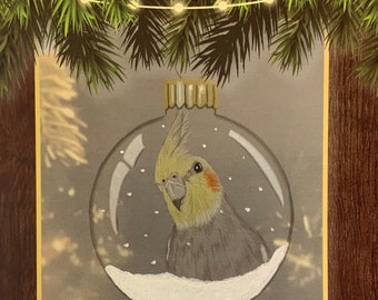 Cockatiel Greeting Card Original Pencil Artwork Cockatiel Christmas Bauble Design